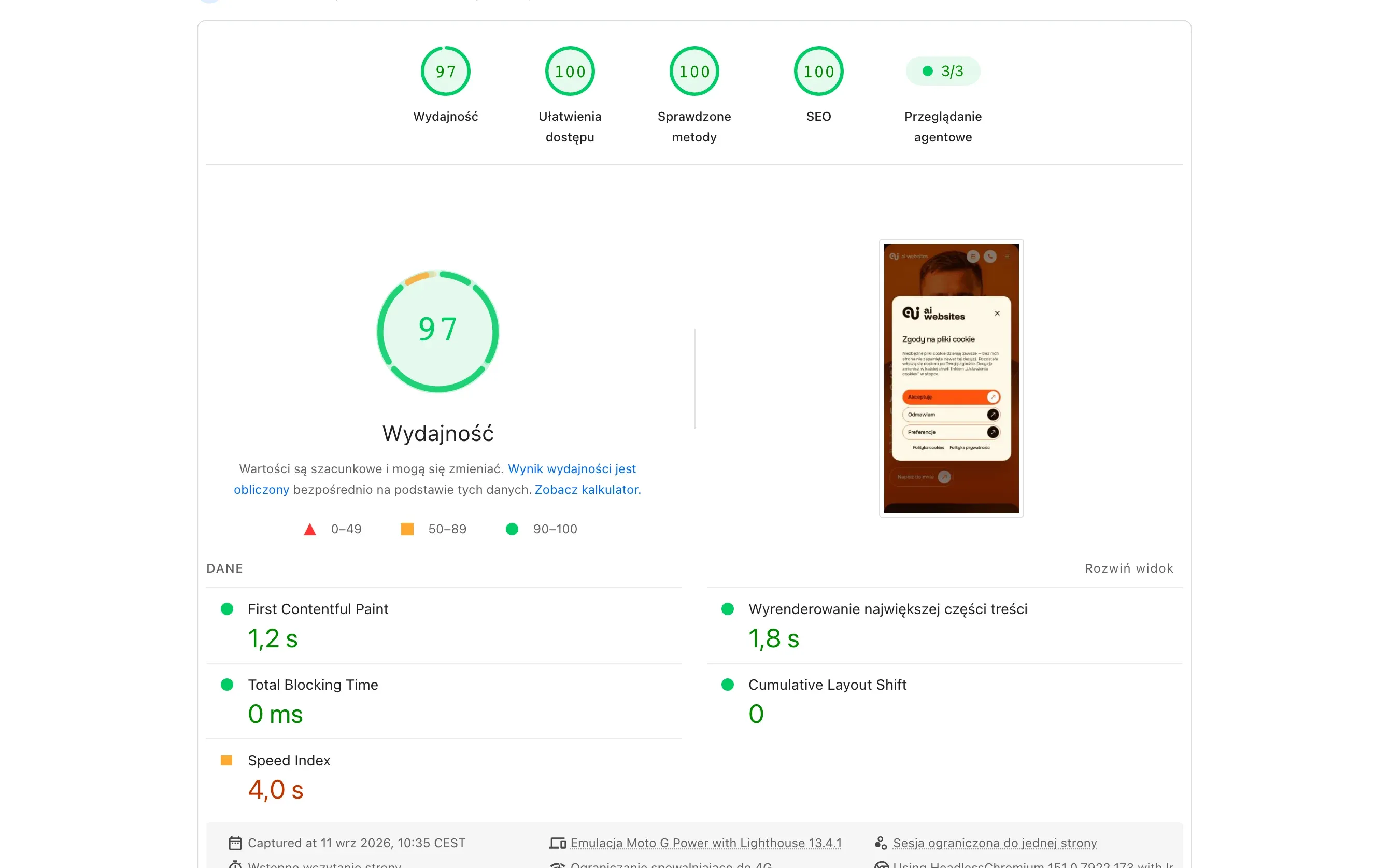 Raport PageSpeed Insights dla telefonu, obecna wersja aiwebsites.pl: wydajność 97 na 100, dostępność, sprawdzone metody i SEO po 100, wyrenderowanie największej części treści 1,8 s, przesunięcia układu 0