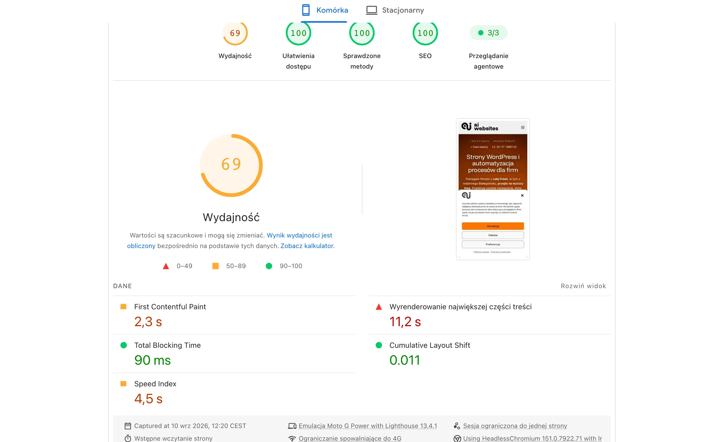 Raport PageSpeed Insights dla telefonu, poprzednia wersja aiwebsites.pl: wydajność 69 na 100, dostępność, sprawdzone metody i SEO po 100, wyrenderowanie największej części treści 11,2 s