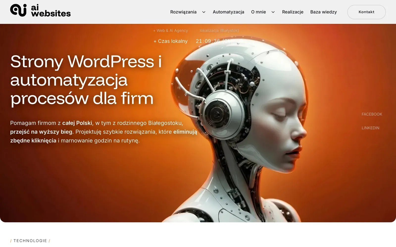 Poprzednia strona aiwebsites.pl: hero z grafiką robota i hasłem „Strony WordPress i automatyzacja procesów dla firm”