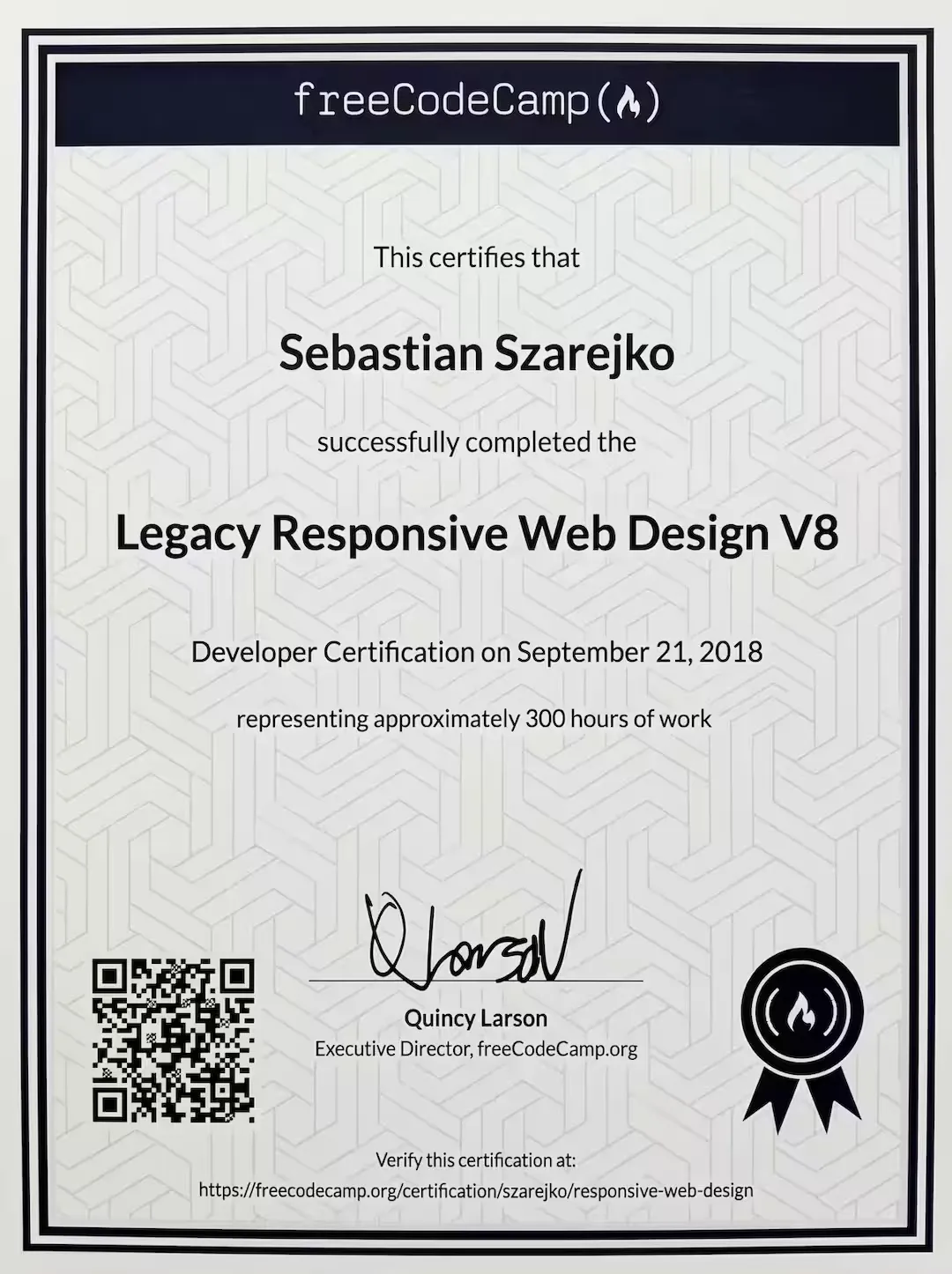 Certyfikat freeCodeCamp „Legacy Responsive Web Design V8” dla Sebastiana Szarejko, 21.09.2018