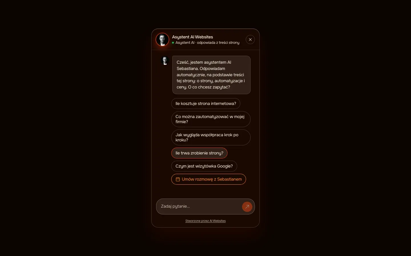 Asystent AI odpowiada na pytania — zrzut strony