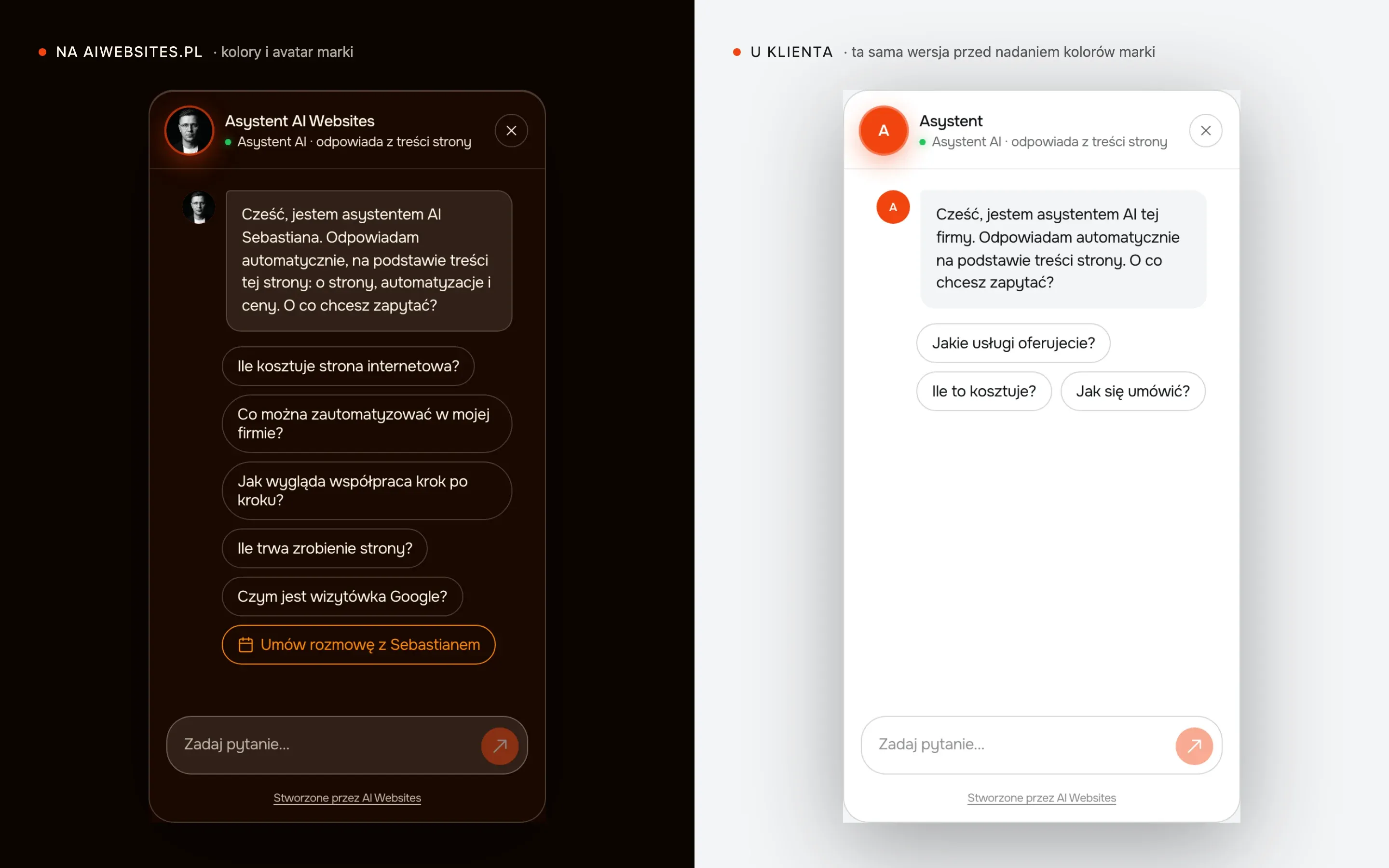 Dwa okna asystenta obok siebie: po lewej wersja na aiwebsites.pl z avatarem Sebastiana i kolorami marki, po prawej ta sama wersja u klienta przed nadaniem kolorów, jasna, z avatarem z literą A