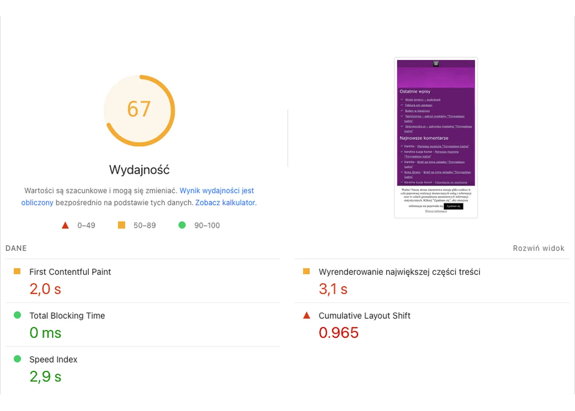 Raport PageSpeed Insights dla telefonu, poprzednia wersja darkita.pl: wydajność 67 na 100, wyrenderowanie największej części treści 3,1 s, przesunięcia układu 0,965
