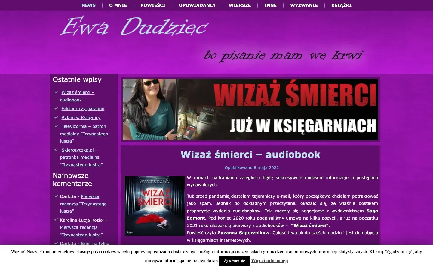 Poprzednia strona darkita.pl: fioletowy nagłówek z logo, boczna lista „Ostatnie wpisy” i „Najnowsze komentarze”, baner „Wizaż śmierci już w księgarniach” i pasek zgody na pliki cookies
