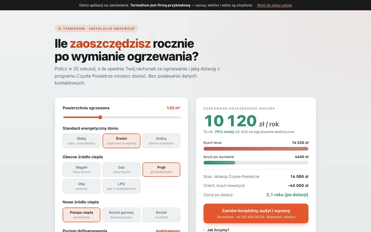 Kalkulator oszczędności na ogrzewaniu: pola z powierzchnią domu i źródłem ciepła, wynik z roczną oszczędnością i dotacją
