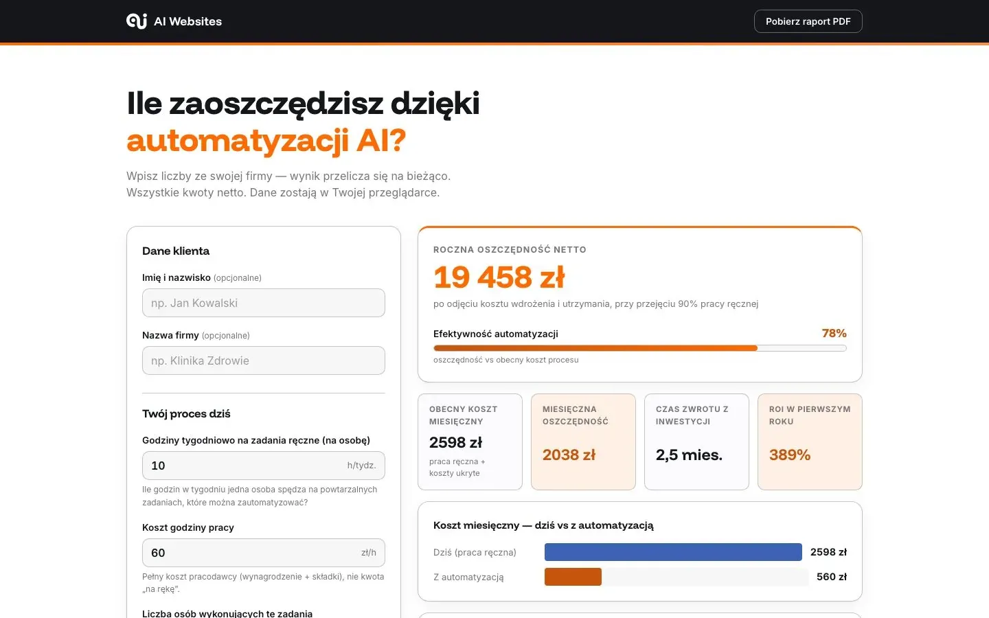Kalkulator ROI automatyzacji — zrzut strony