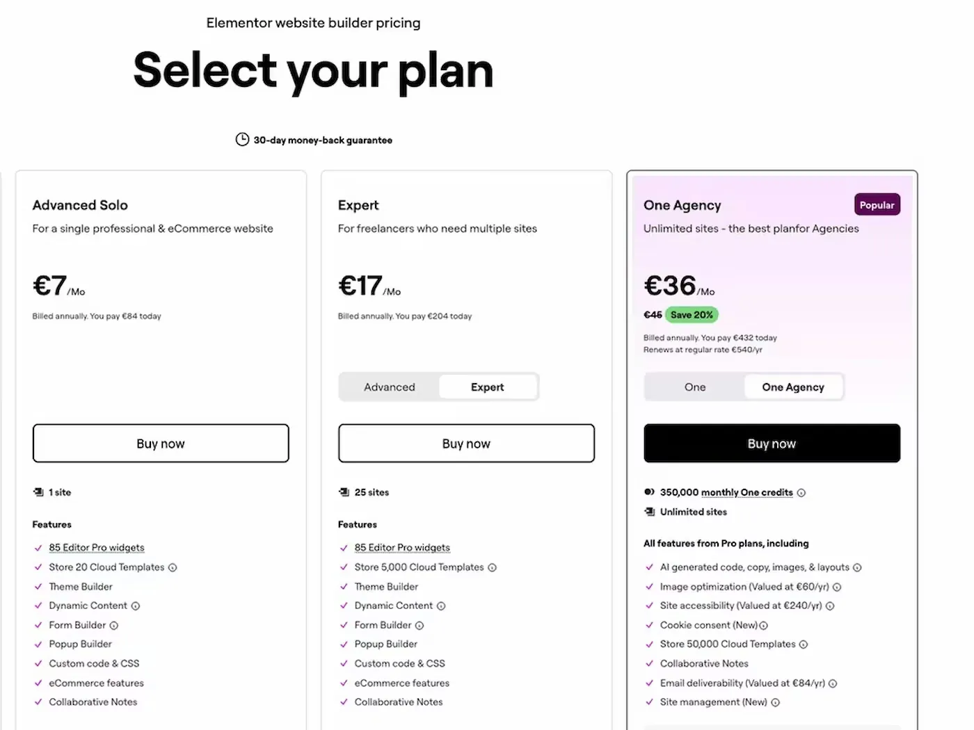 Cennik kreatora stron Elementor: trzy plany od 7 do 36 euro miesięcznie, rozliczane rocznie.