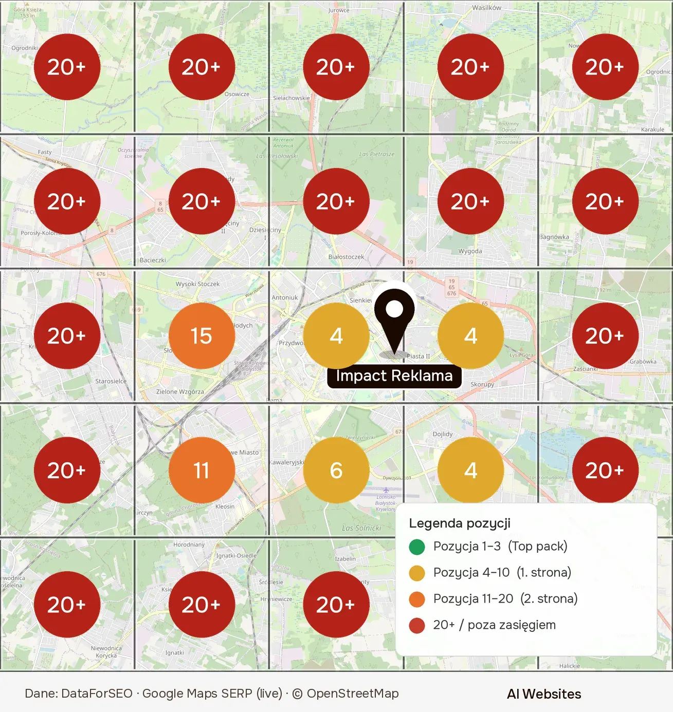 Ta sama mapa 13.10.2026: Impact Reklama widoczny w 6 punktach w centrum i przy pracowni, na miejscach 4, 4, 4, 6, 11 i 15