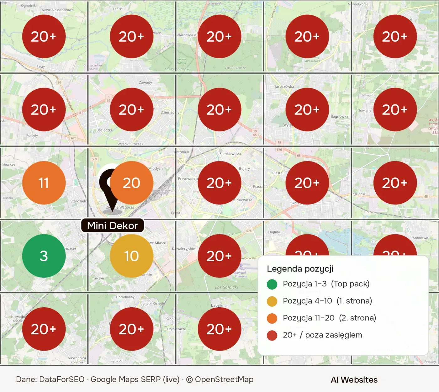 Mapa Białegostoku 5 na 5 punktów, 21.06.2026: Mini Dekor widoczna w czterech punktach przy sklepie na miejscach 3, 10, 11 i 20, w pozostałych 21 punktach poza pierwszą dwudziestką